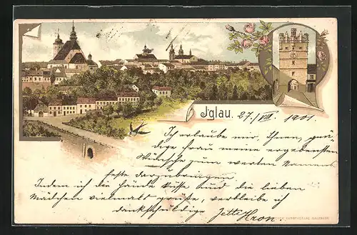 Lithographie Iglau, Teilansicht, Tor