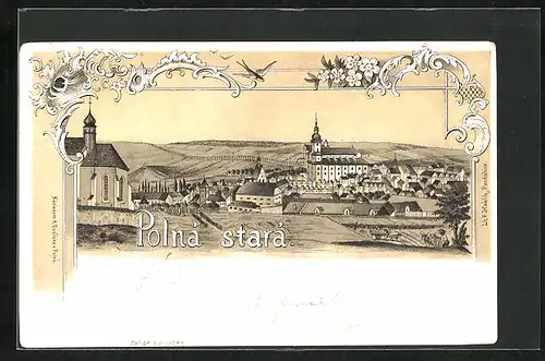 Lithographie Polna, Panorama mit Kirchen