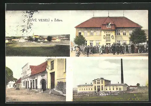 AK Nové Veseli u Zdaru, Skola, Fabrik, Panorama