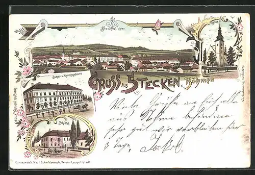 Lithographie Stecken, Schul- u. Gerichtsgebäude, Kirche, Schloss