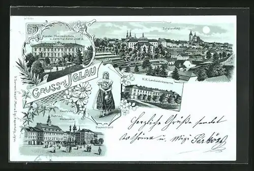 Mondschein-Lithographie Iglau, Landwehrkaserne, Bauerntracht, Hauptplatz mit Rathaus