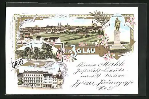 Lithographie Iglau, Hauptpost, Kempen-Denkmal, Stadtpark