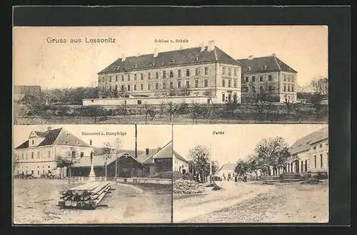 AK Lessonitz, Brennerei u. Dampfsäge, Schloss u. Schule