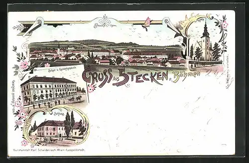Lithographie Stecken, Schul- u. Gerichtsgebäude, Schloss, Kirche
