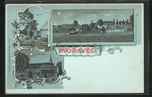 Mondschein-Lithographie Moravec, Vjezd, Kostel, Panorama