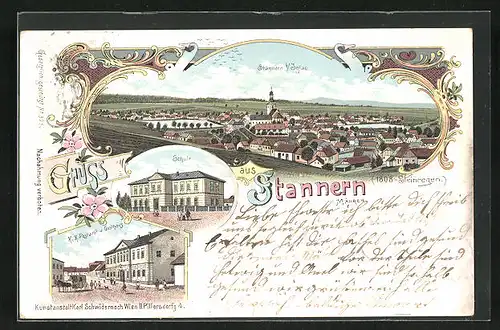 Lithographie Stannern, Postamt u. Gasthaus, Schule, Totalansicht