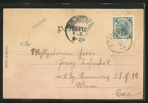 Lithographie Stannern, Postamt u. Gasthaus, Schule, Totalansicht