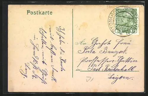 Lithographie Stannern, Postamt u. Gasthaus, Schule, Totalansicht