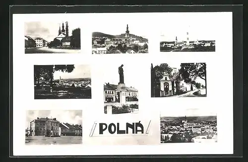 AK Polna, Denkmal, Strassenpartie mit Geschäft, Kirche