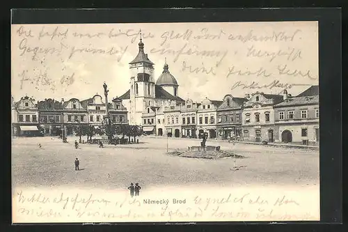 AK Nemecky Brod, Platz mit Denkmal und Brunnen