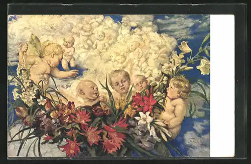 Künstler-AK Hans Thoma: Engel in den Wolken mit Blumenarrangement