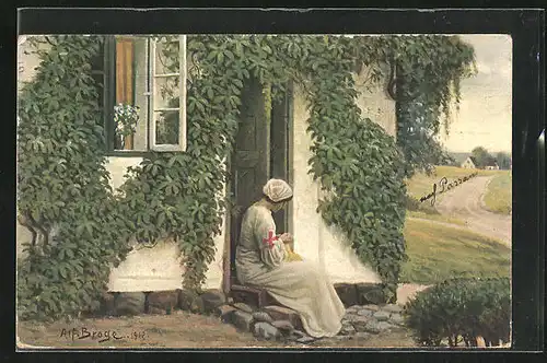 Künstler-AK sign. Alfred Broge: Sommerzeit, Frau sitzt vor ihrem Haus, Dänische Kunst