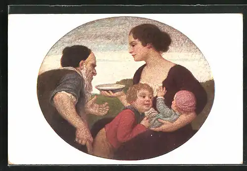 Künstler-AK Ludwig von Zumbusch: Menschenliebe, Frau mit Kindern gibt altem Mann Schale voll Milch