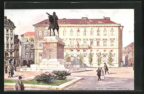Künstler-AK Richard Wagner: München, Wittelsbacher-Platz mit Denkmal