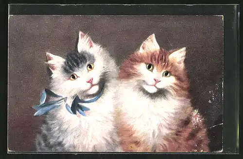 Künstler-AK Graue katze mit Schleife lehnt an roter Katze