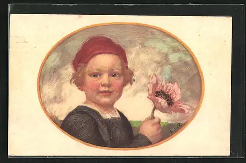 Künstler-AK Ludwig von Zumbusch: Kleinkind mit rosa Blume in der Hand