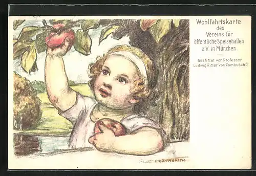 Künstler-AK Ludwig von Zumbusch: Kleinkind pflückt Äpfel
