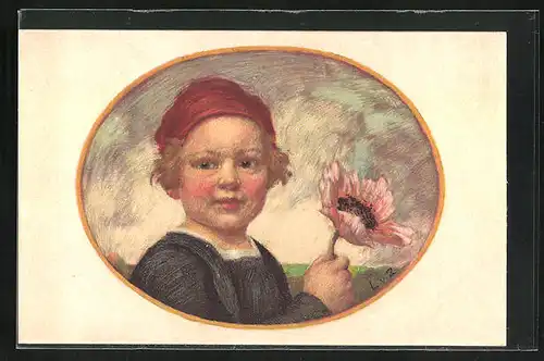 Künstler-AK Ludwig von Zumbusch: Kleinkind mit rosa Blume in der Hand