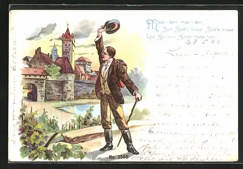 Lithographie Wanderer verabschiedet sich von der Stadt