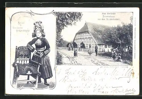 AK Hamburg, Braut in Vierländer Hochzetstracht, Altes Vierländer Bauernhaus