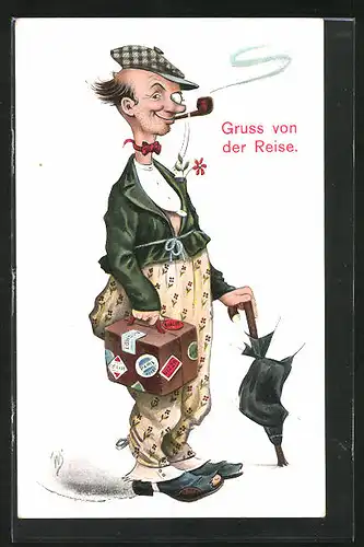 Künstler-AK Willi Scheuermann: Landstreicher geht auf Reisen