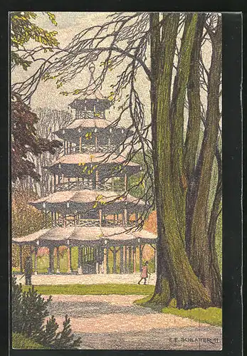 Künstler-AK Ernst E. Schlatter: München, Chines. Turm im Englischen Garten
