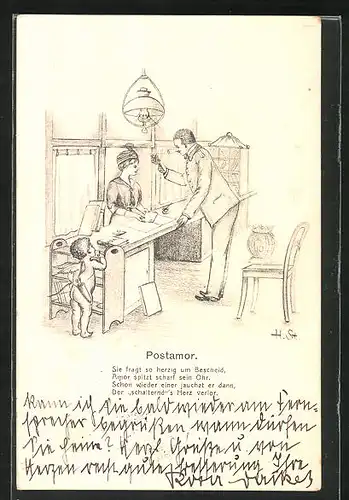 Künstler-AK H. Starkloff: Postamor beobachtet kleinen Flirt