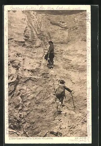 AK Bergsteiger bei der Zugspitzbesteigung durchs Höllental, Die Leiter