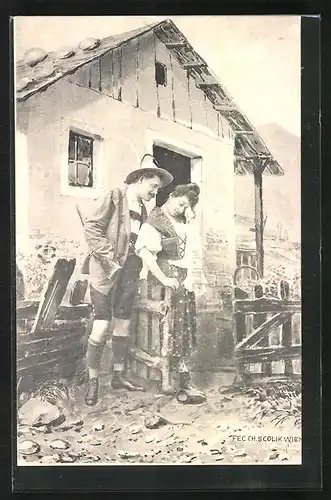 Künstler-AK Charles Scolik: Jäger tröstet sein Liebchen