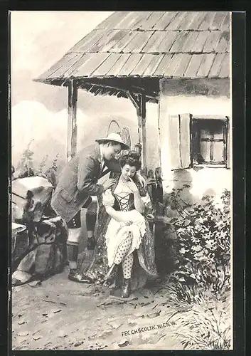 Künstler-AK Charles Scolik: Jäger bandelt mit einer feschen Älplerin an