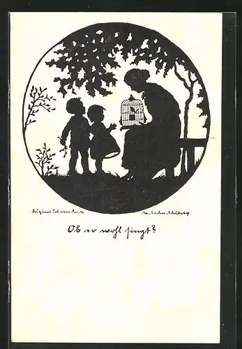 Künstler-AK Marta Sachse-Schubert: Kinder mit Vogel im Käfig Ob er wohl singt?
