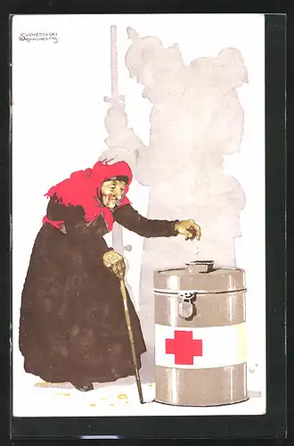 Künstler-AK Siegmund von Suchodolski: Greise Frau spendet für das Rote Kreuz