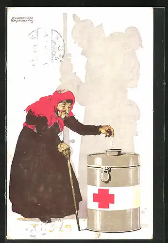 Künstler-AK Siegmund von Suchodolski: Greise Frau spendet für das Rote Kreuz, Silhouette eines Soldaten