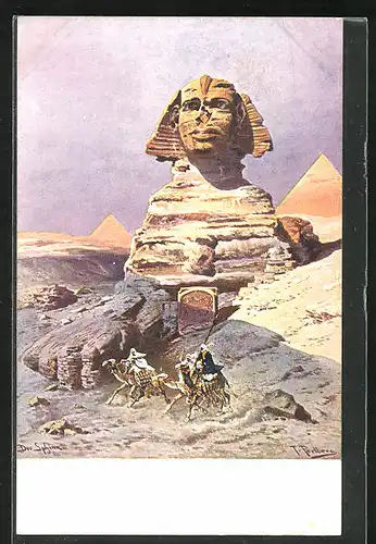 Künstler-AK Friedrich Perlberg: Gizeh, Kamelreiter bei der Sphinx