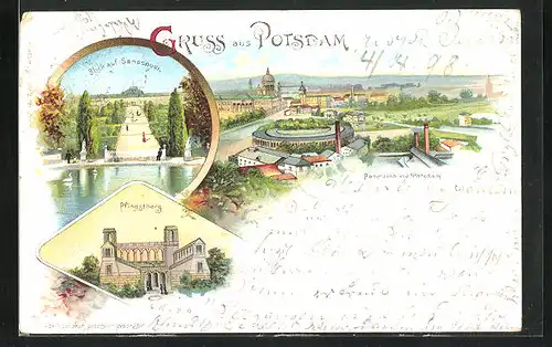 Lithographie Potsdam, Panorama, Blick auf Sanssouci, Pfingstberg