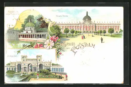 Lithographie Potsdam, Neues Palais, Mausoleum Kaiser Friedrich III., Orangerie I