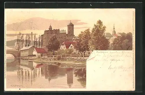 Künstler-AK Meissner & Buch (M&B) Nr. 4: Zschopau, Uferpartie mit Kirche