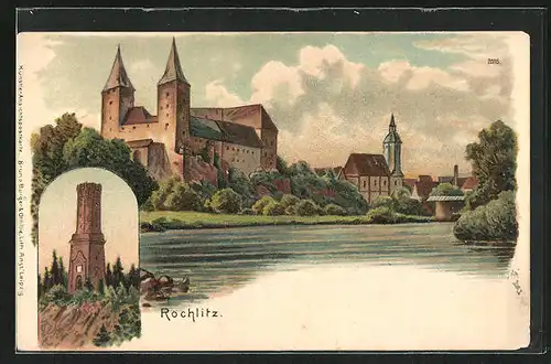 Lithographie Rochlitz, Uferpartie mit Burg und Kirche, Aussichtsturm
