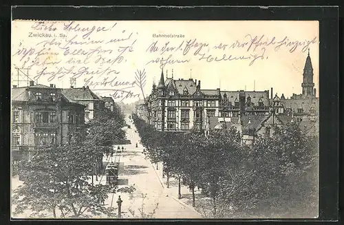 AK Zwickau i. Sa., Bahnhofstrasse mit Strassenbahn