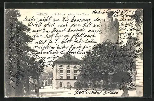 AK Pössneck i. Th., Schleizerstrasse mit dem weissen Turm