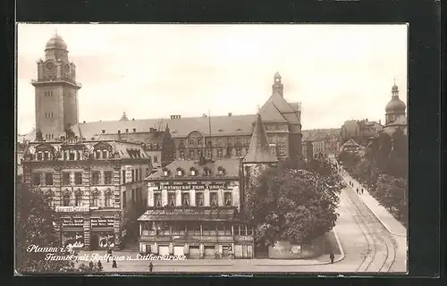 AK Plauen i. V., Gasthaus zum Tunnel mit Rathaus und Lutherkirche