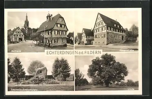 AK Echterdingen a. d. Fildern, Hauptstrasse, Rathaus, Zeppelin-Gedenkstein