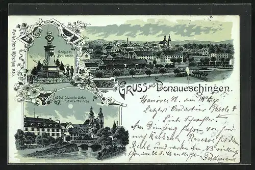Mondschein-Lithographie Donaueschingen, Schützenbrücke mit Stadtkirche, Kaiser-Brunnen