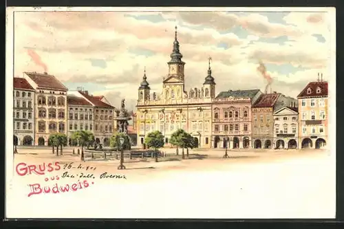 Lithographie Budweis / Ceske Budejovice, Marktplatz mit Denkmal