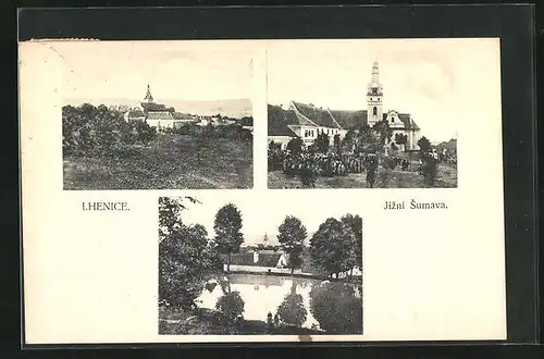 AK Lhenice, Jizni Sumava, Panorama mit Kirche, Teich