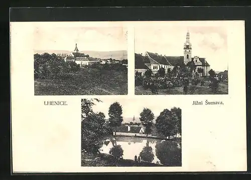 AK Lhenice, Jizni Sumava, Panorama mit Kirche, Teich