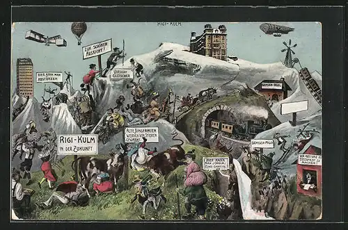 Künstler-AK Rigi-Kulm, Zukunftsbild, Zeppelin