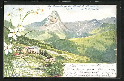 Künstler-AK Ernst Schlemo, Killinger Nr. 204: Berg mit Gesicht / Berggesichter, Les Avants et la Dent de Jaman