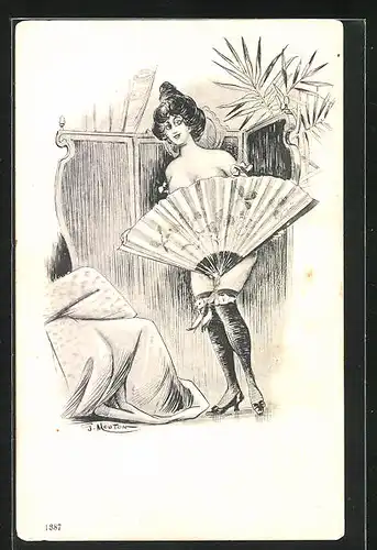 Künstler-AK Georges Mouton: Nackte Dame bedeckt ihre Blösse mit einem Fächer