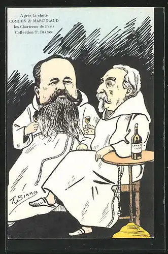 Künstler-AK T. Bianco: Frankreich, Apres la chute Combes & Mascuraud, Mönche beim trinken